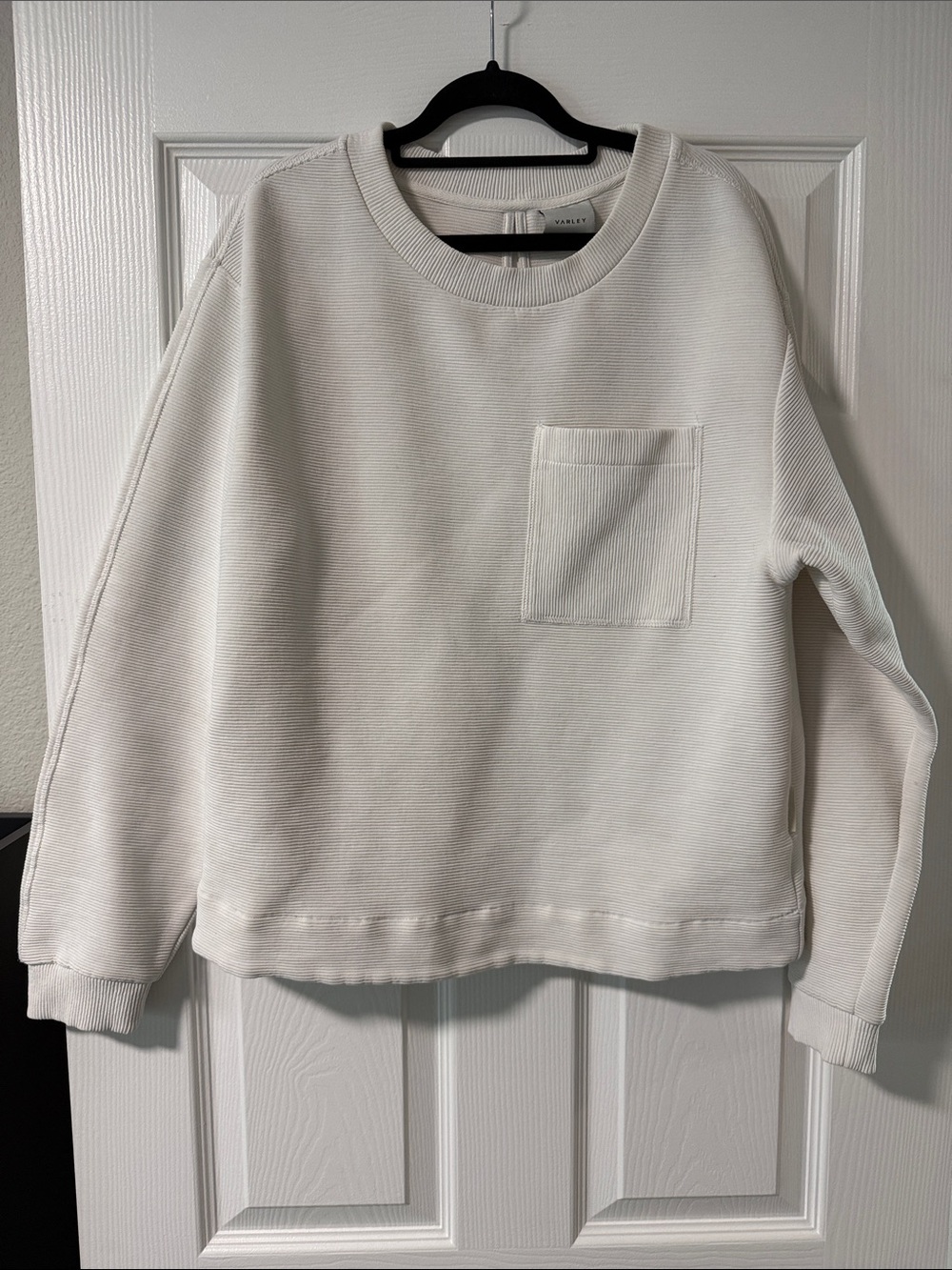 Varley Cream Ribbed Crewneck Sweater with Chest Pocket